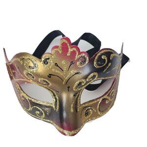 Venetian‎ Halloween Women Masquerade Eye Mask Burgundy Gold Tie On Fantasy